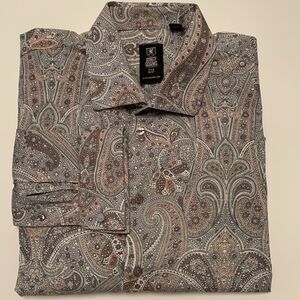 Stacy Adams Gray and Brown Casual Button Down Shirt Men’s Size 17,5/36-37